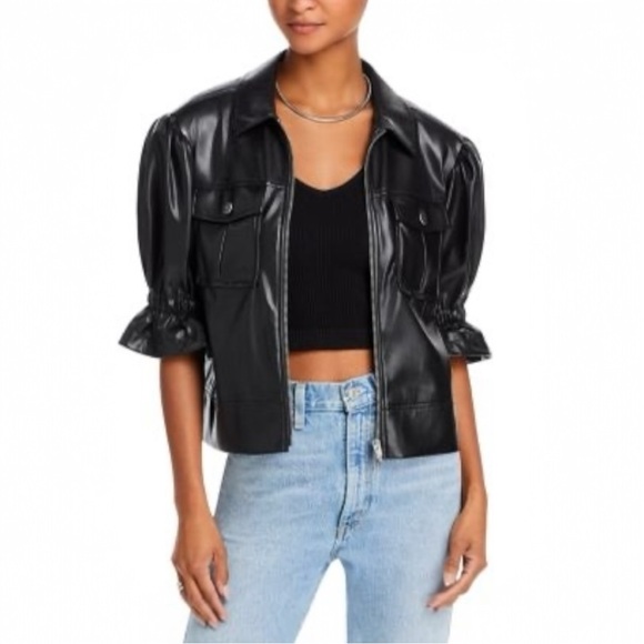 Like-New Cinq à Sept Women’s Faux Leather Puff Sleeve Jacket Size S in Black - Picture 2 of 8